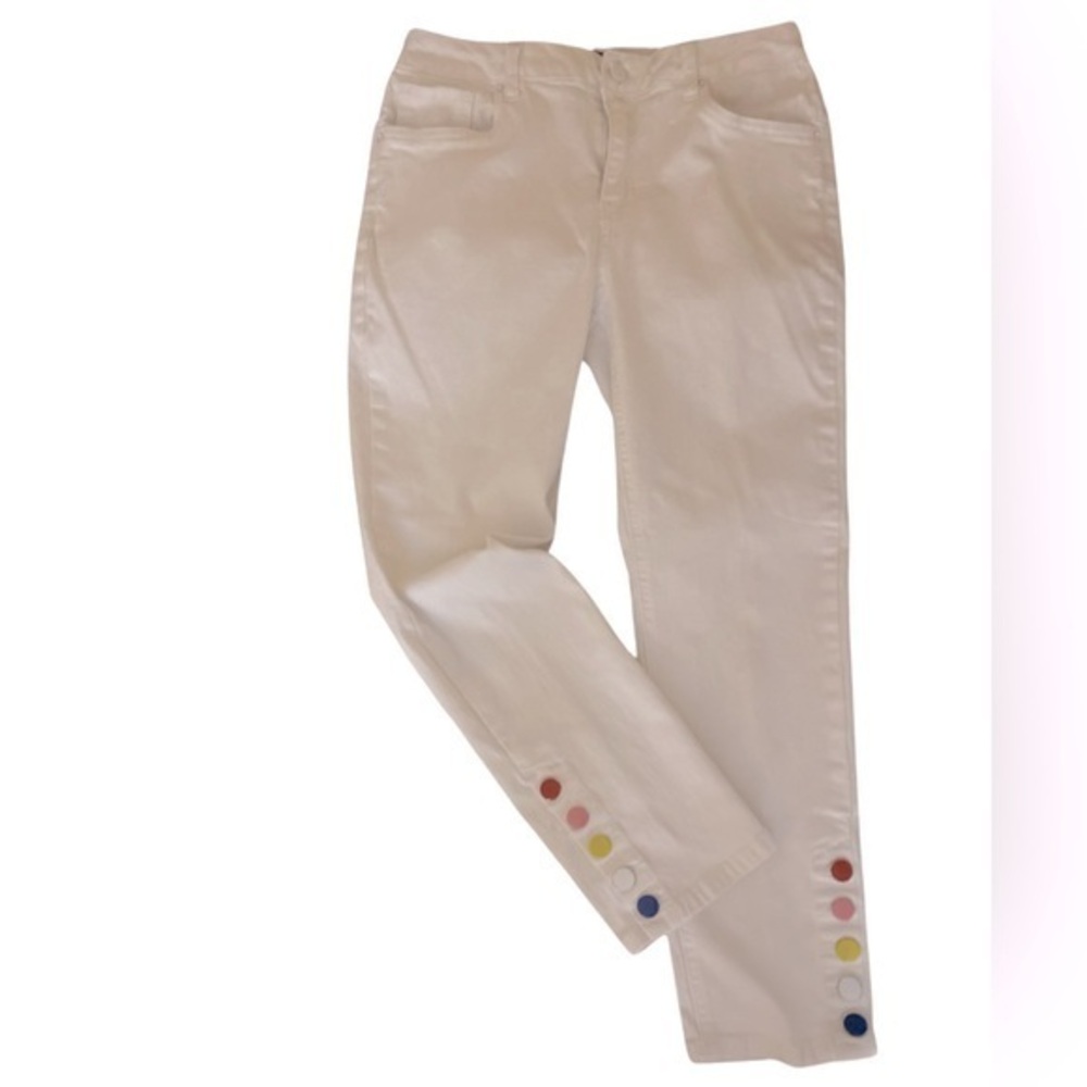 Baccini White Jean -6 white , multi colored button detail,straight leg